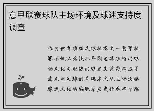 意甲联赛球队主场环境及球迷支持度调查